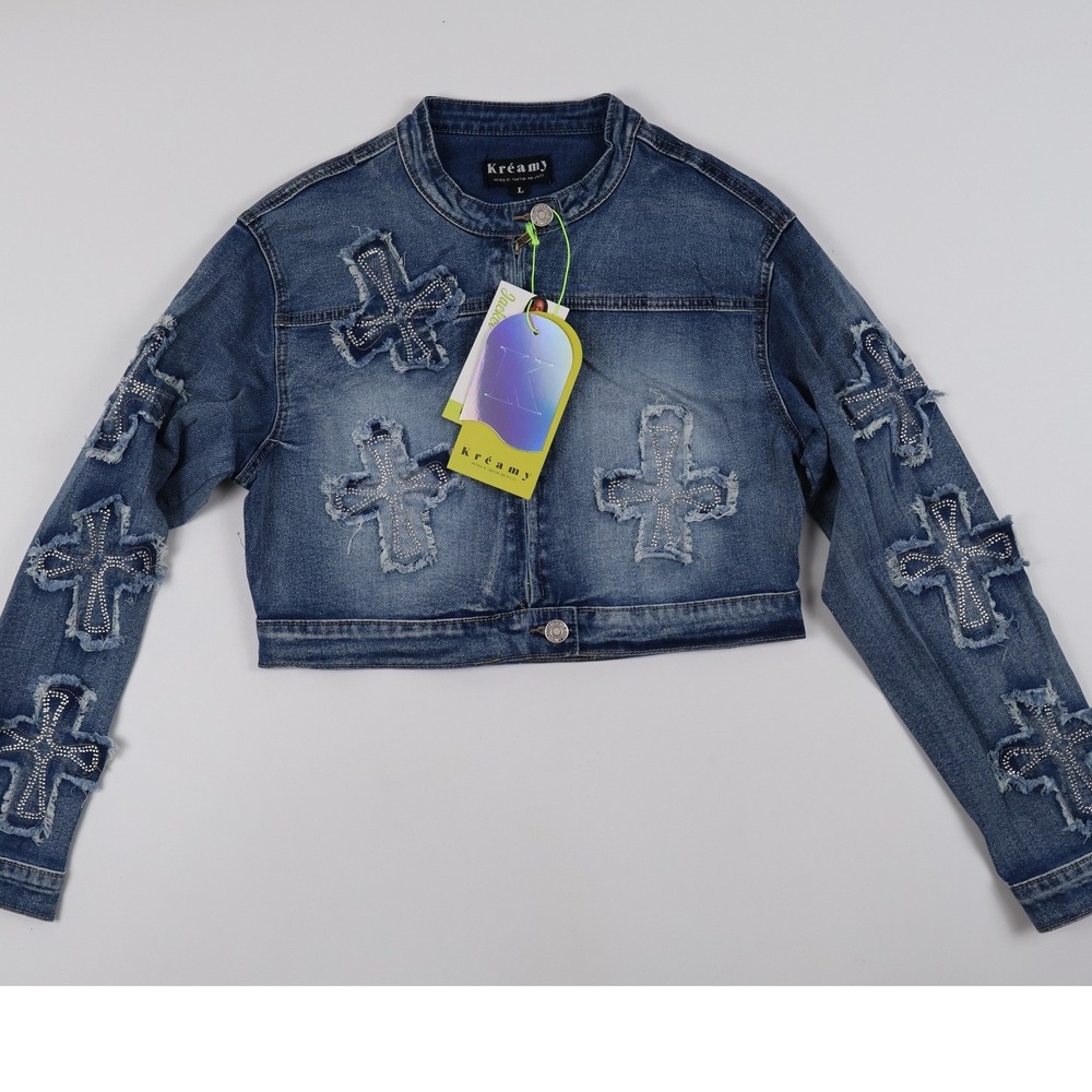 Kreamy Denim Jacket Rhinestone Cross Patch Acid Blue Large NWT